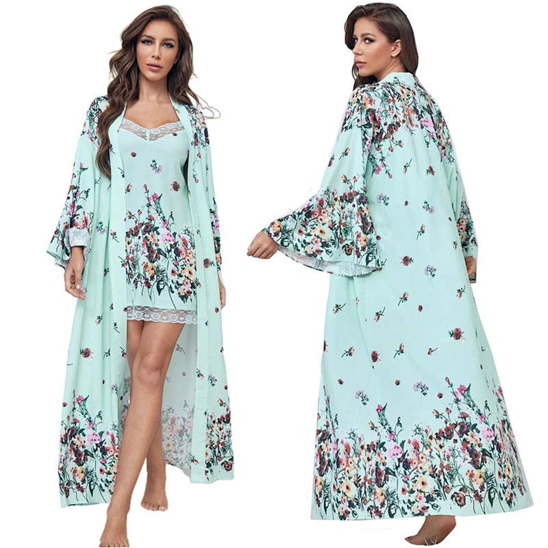 Floral Custom Ankle Length Silk Women Kimono Robe Long Thin Positioning Print Light Weight Lounge Robes for Women