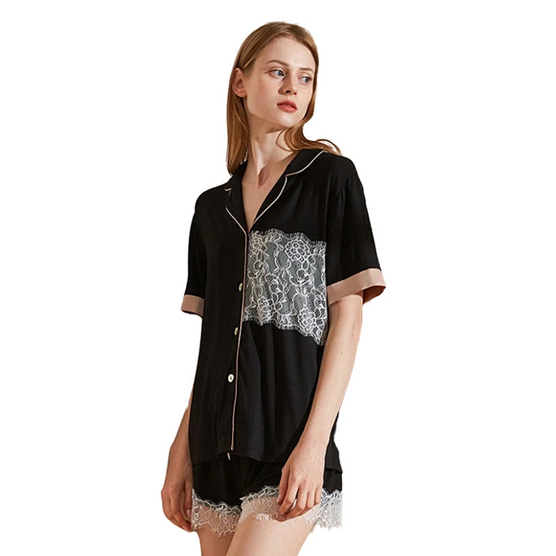 Wholesale Solid Lace Embroidery Pyjamas Sleepwear Short Classic Pajama Set Cotton Pijamas