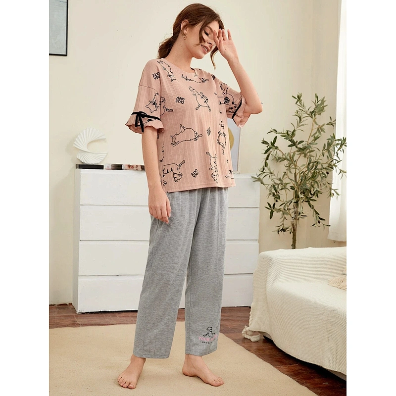 2 Piece Pajama Short Set Cartoon Print Bamboo Viscose Sleepwear Flounce Sleeve Bamboo Viscose Pajamas for Women