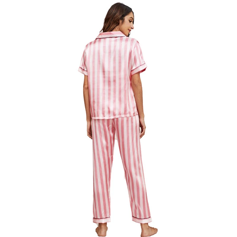 Wholesale Striped Long Winter Custom Silk Sleepwear Pijama 2 Pieces Femme Pyjama Women Pajama Set