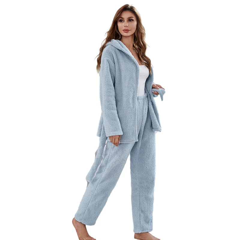 New Fleece Winter Belt Pyjama Pour Femmes Flannel Long Pjs Cozy Hooded Two Pieces Women Fuzzy Lounge Wear Sets