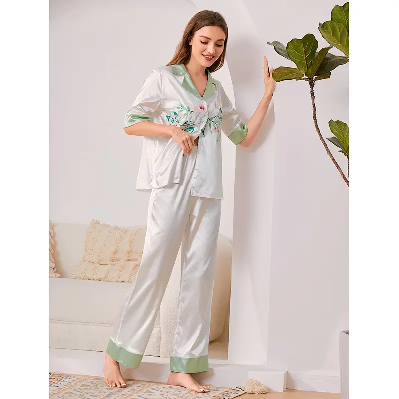 Luxury Women Sleepwear Floral Pyjama Ladies Nihgtwear Clothing Women Satin Silk Pajama Set