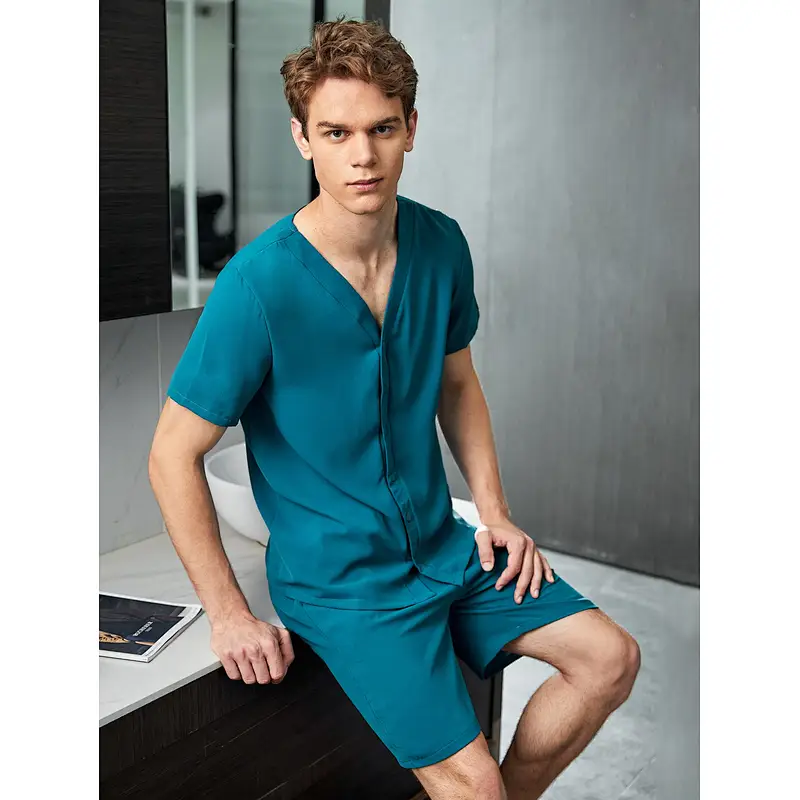 Men Luxury New Designer Solid Plain V Neck Shirt & Shorts PJ Set