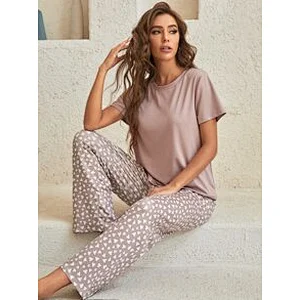 Solid Tee & Confetti Heart Print Pants Lounge Set  Casual Pyjama Wholesale Women Loungewear
