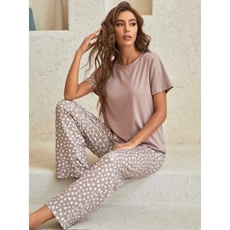 Solid Tee & Confetti Heart Print Pants Lounge Set  Casual Pyjama Wholesale Women Loungewear
