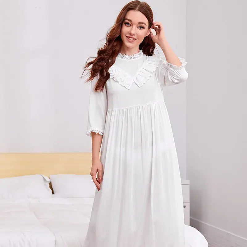 OEM Full Length Lounge Dress Nightgown Eyelet Embroidered Ruffle Trim Girl Night Dress