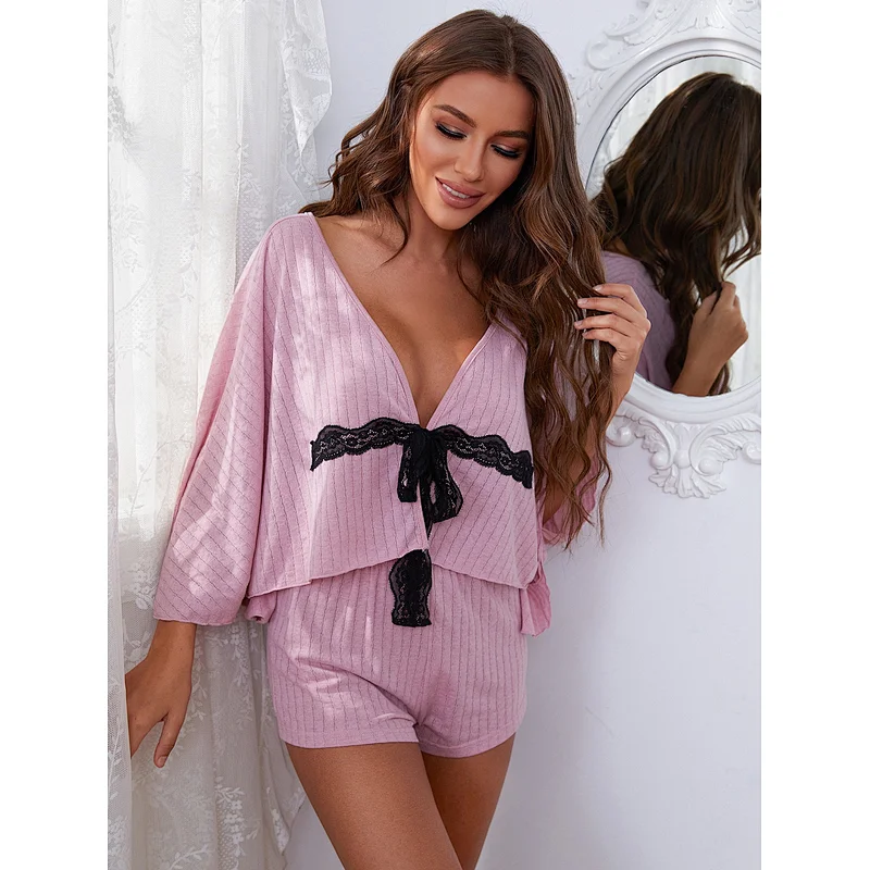 Cute Deep V Neck 2 Piece Loungewear Contrast Lace Tie Front Wholesale Cotton Pajamas
