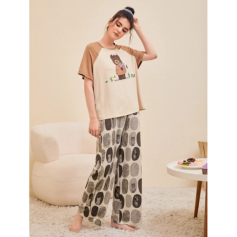 OEM Sleepwear Slogan & Bear Print Color Block Raglan Sleeve Cotton PJ Set for Women