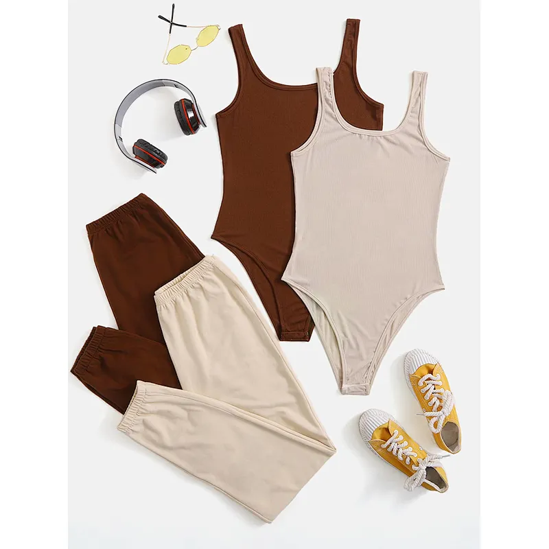 Scoop Neck Sleeveless Loungewear Solid Bodysuit & Pants Lounge Wear
