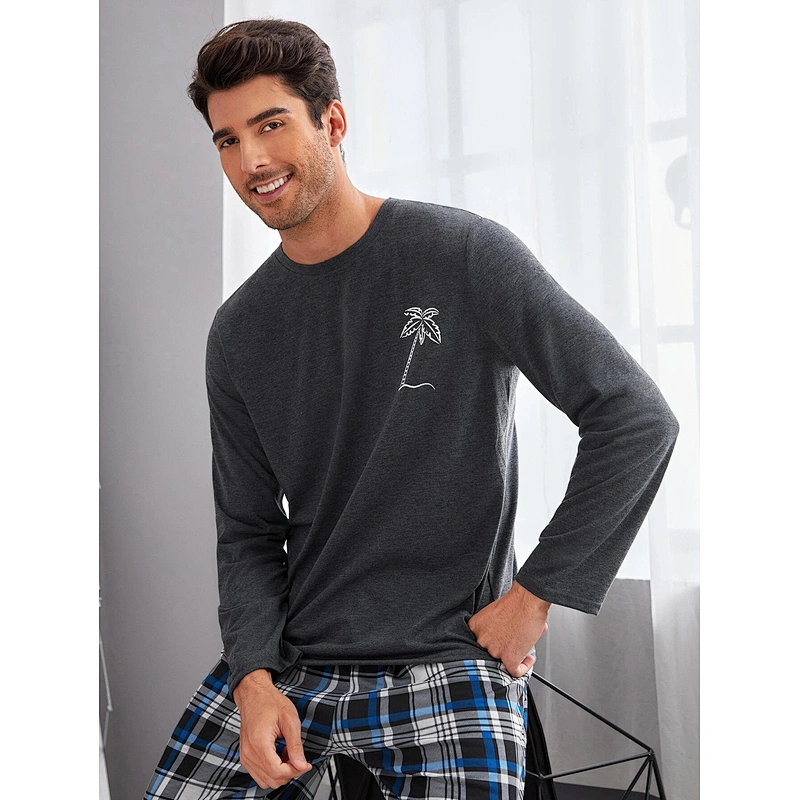 Custom Cotton Men's Sleepwear Palm Tree Print Sleep Tee & Plaid Sleep Pants Pajamas Man