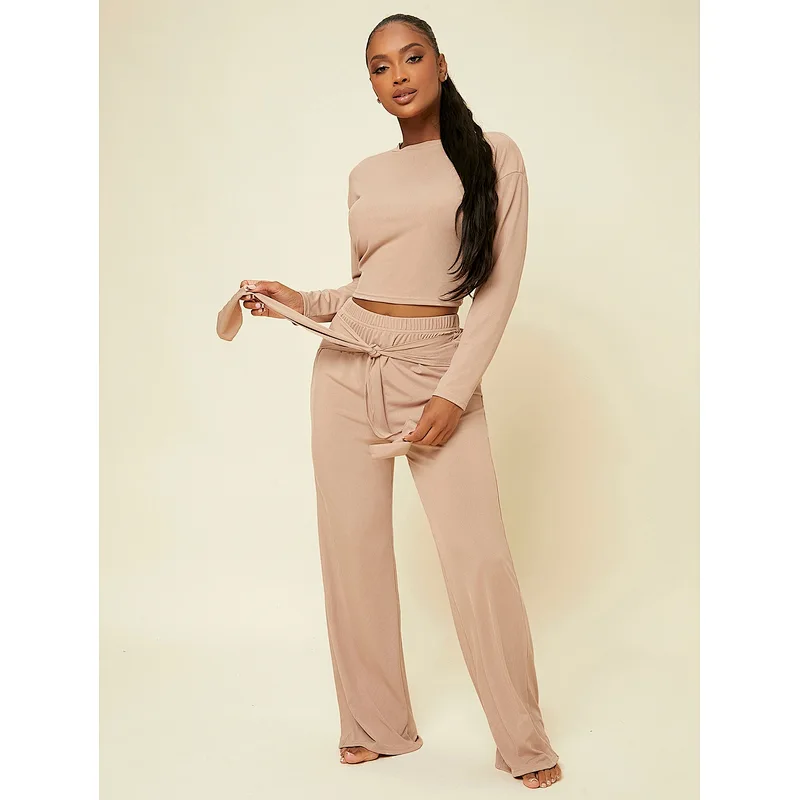 Ribbed Knit Loungewear Women Sets Drop Shoulder Top & Knotted Front Pants Lounge Wear