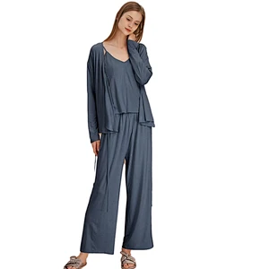 3 Pieces Solid Cami Top With Pajama Pants Bamboo Lounge Wear Sets Designer Women Cotton Pj Set