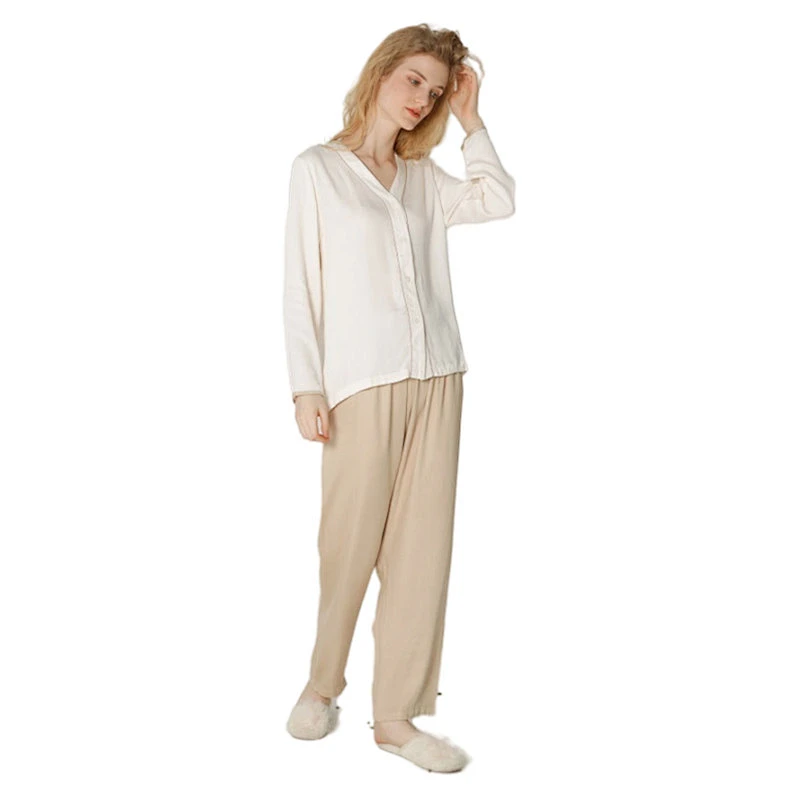 Piping Contrast Full Length Cozy Lounge Wear Solid Cotton Pajama Sets Viscose from Bamboo Pyjamas