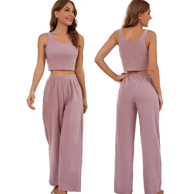 Solid Teddy Plush Tank Top Pants Girl Custom Designer Lounge Wear Sets Soft Cotton Pjs Women Pajamas
