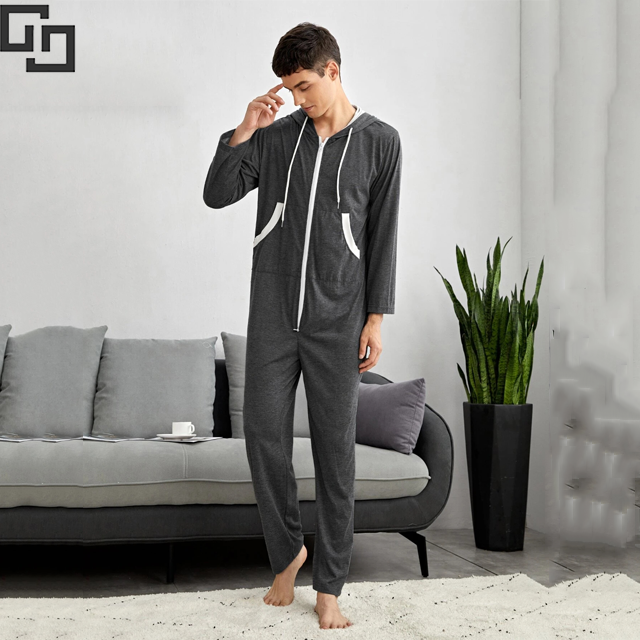 Contrast Panel Zipper Drawstring Hooded Men Sleep jumpsuit Hoodie Onesie