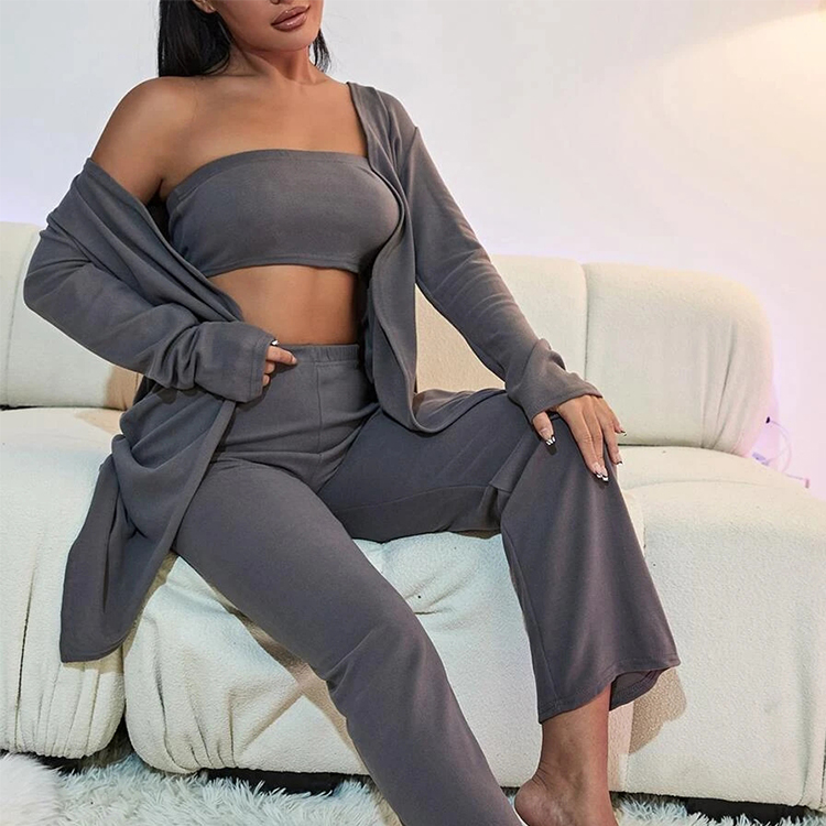Custom New Arrival Spring Women Sleepwear Solid Tank Top and Pants PJ Set With Coat Lounge Wear Set