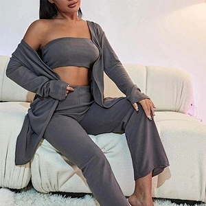 Custom New Arrival Spring Women Sleepwear Solid Tank Top and Pants PJ Set With Coat Lounge Wear Set
