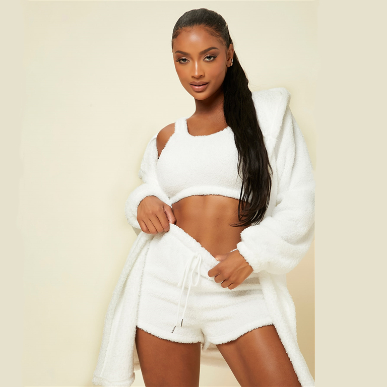 Crop Flannel Tank Top & Shorts And Hooded Robe Loungewear Set Custom Lounge Wear