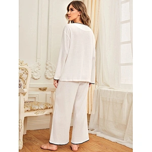 Women Pajamas Long Sleeves Contrast Trim Bamboo Viscose Women Sleepwear Top & Pants Pajama Women Bamboo Viscose Set