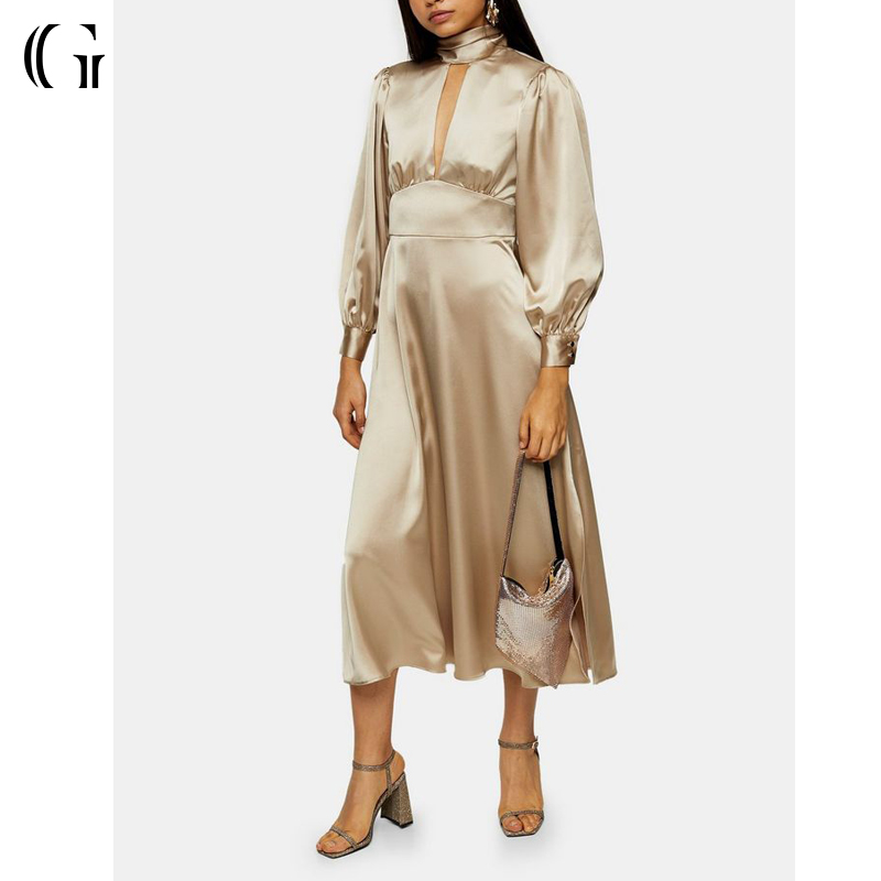 Wholesale Dresses Women Elegant Satin Dress Long Sleeve Luxury Gold Silk Night Dress