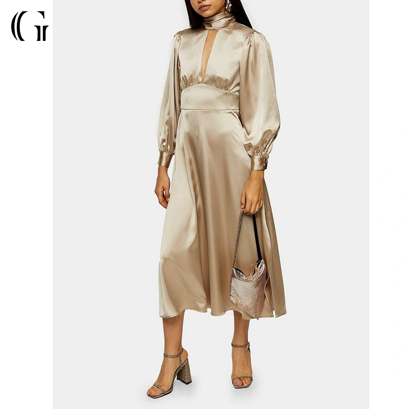 Wholesale Dresses Women Elegant Satin Dress Long Sleeve Luxury Gold Silk Night Dress