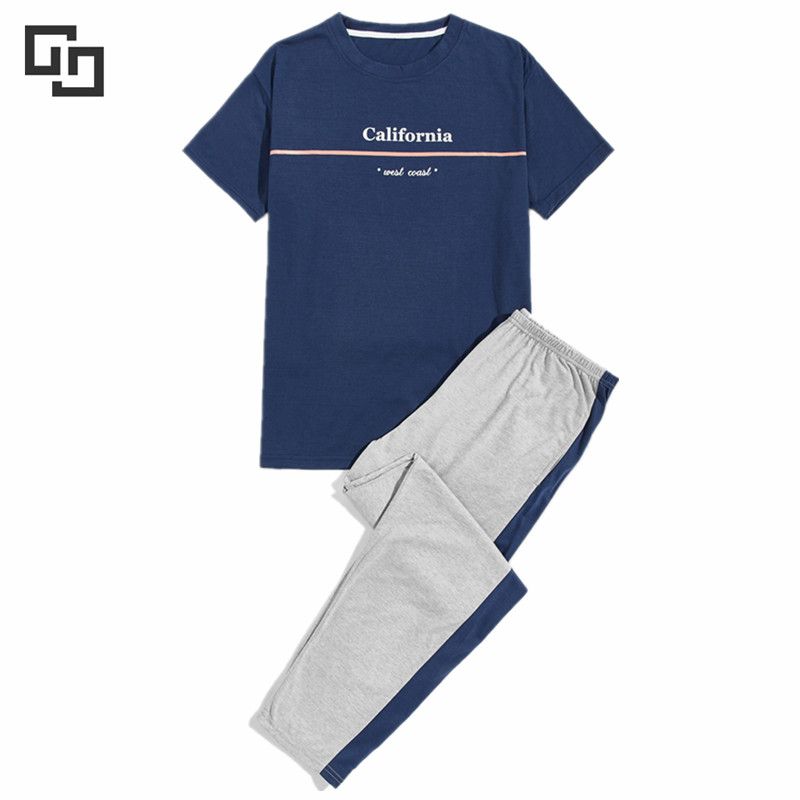 Wholesale letter graphic 2pcs men pajamas short sleeve shirt and pants Sleepwear custom loungewear