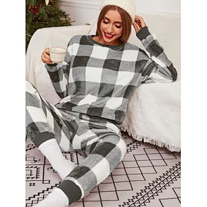 Long Sleeve Flannel Pajama All Over Gingham Print Winter Pajamas for Women