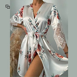 Spring Summer Floral Print Luxury Silk Robes Contrast Eyelash Lace Belted Satin Robe