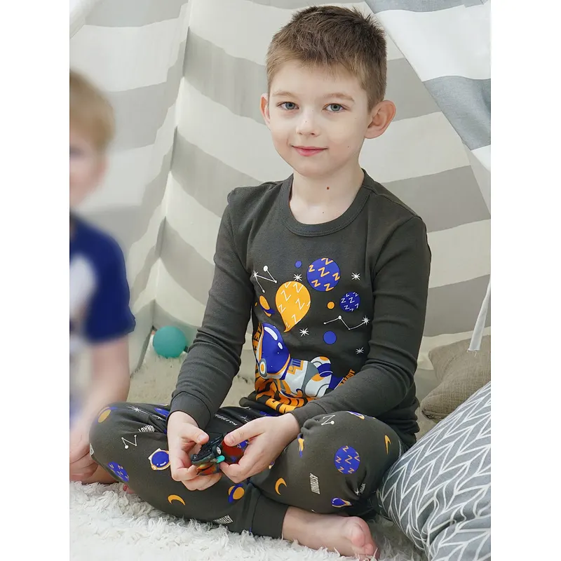 Cute 2 Piece Boy Sleepwear Cartoon Graphic Tee & Pants PJ Set 100% Cotton Kids Pajama