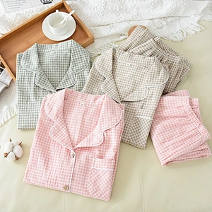 Cozy Woven Plaid Long Cotton Pj Sets  Designer Cozy Sleepwear Linen Women Pyjamas Sets