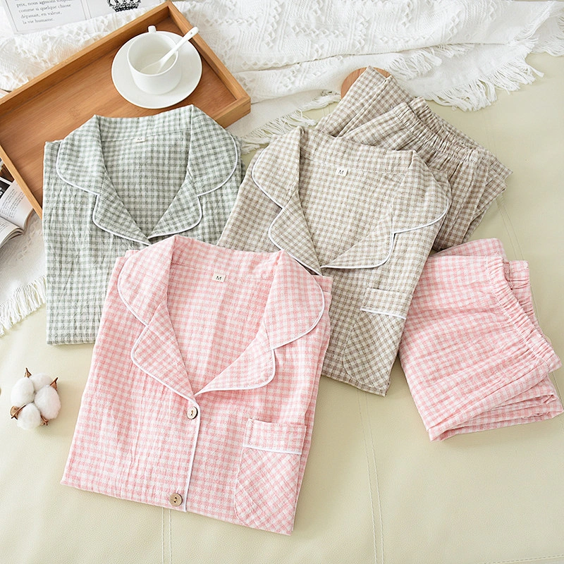 Cozy Woven Plaid Long Cotton Pj Sets  Designer Cozy Sleepwear Linen Women Pyjamas Sets