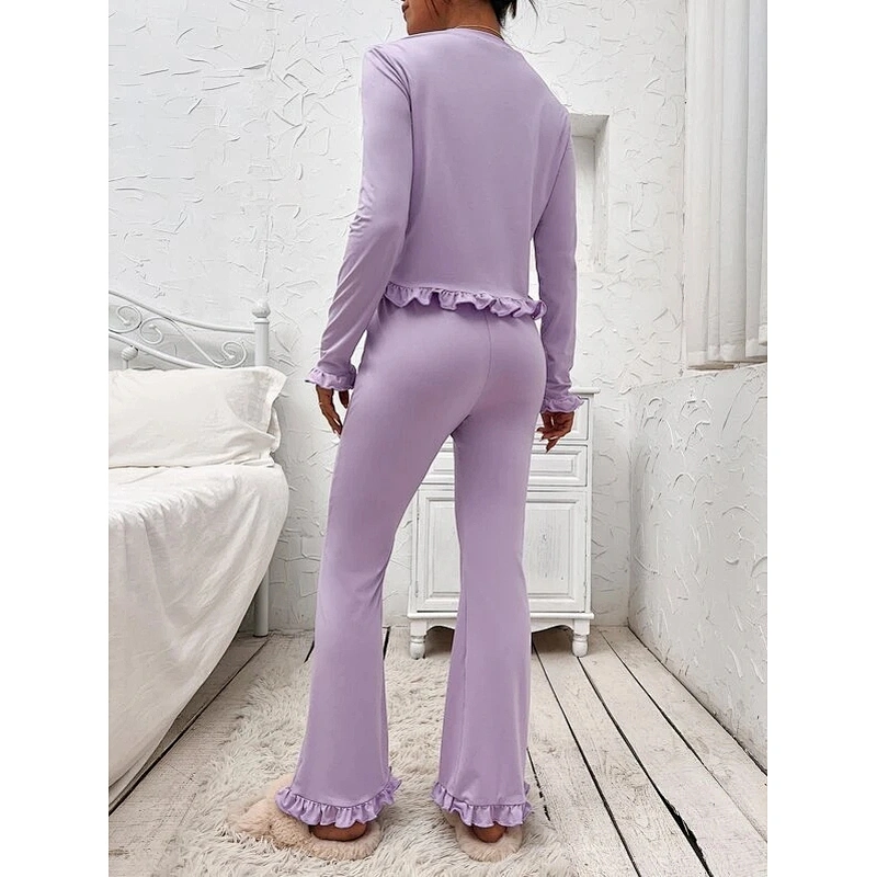 2022 Lilac Purple Rainbow Print Flounce Sleeve Ruffle Hem Top & Pants Cotton Lounge Wear Set
