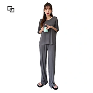 Pajamas Short Sleeve Long Pants Solid Tee Bamboo Viscose Women Sleepwear With Pants Women Bamboo Viscose Pajamas