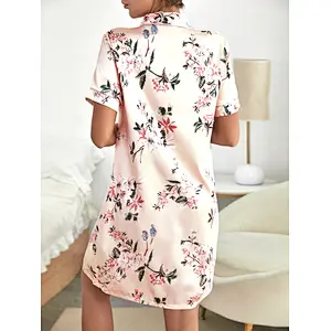 Floral Print Contrast Piping Satin Night Dresses for Woman Short Sleeve Button Front Custom Night Shirt