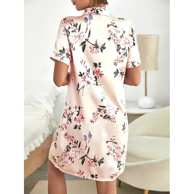 Floral Print Contrast Piping Satin Night Dresses for Woman Short Sleeve Button Front Custom Night Shirt