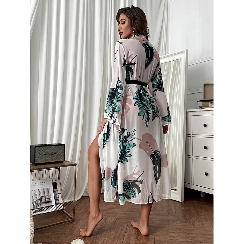 Elegant Long Sleeve Bathrobe Jungle Leaf Print Robe Femme Belted Night Robes Women