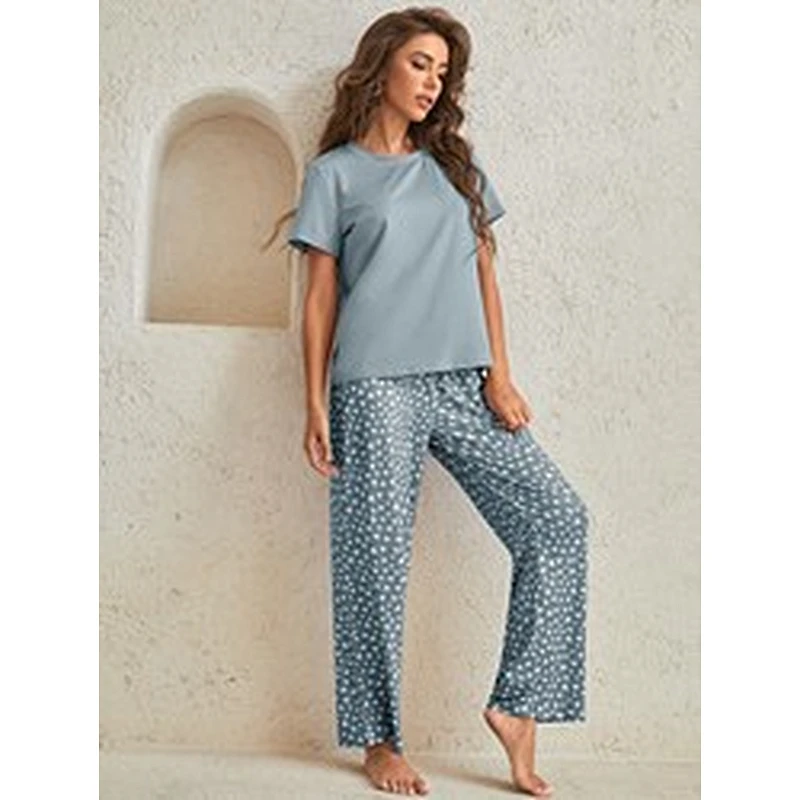 Solid Tee & Confetti Heart Print Pants Lounge Set  Casual Pyjama Wholesale Women Loungewear