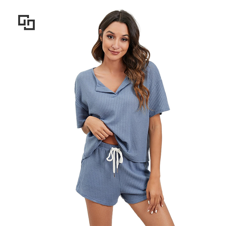 Cotton Pajamas for Women Set Drop Shoulder Pajamas Short Sleeve Waffle Knit Summer Pajamas Suits