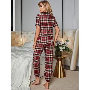 2022 New Fashion Women Plaid Button Through PJ Set Two Pieces Cotton Pajamas