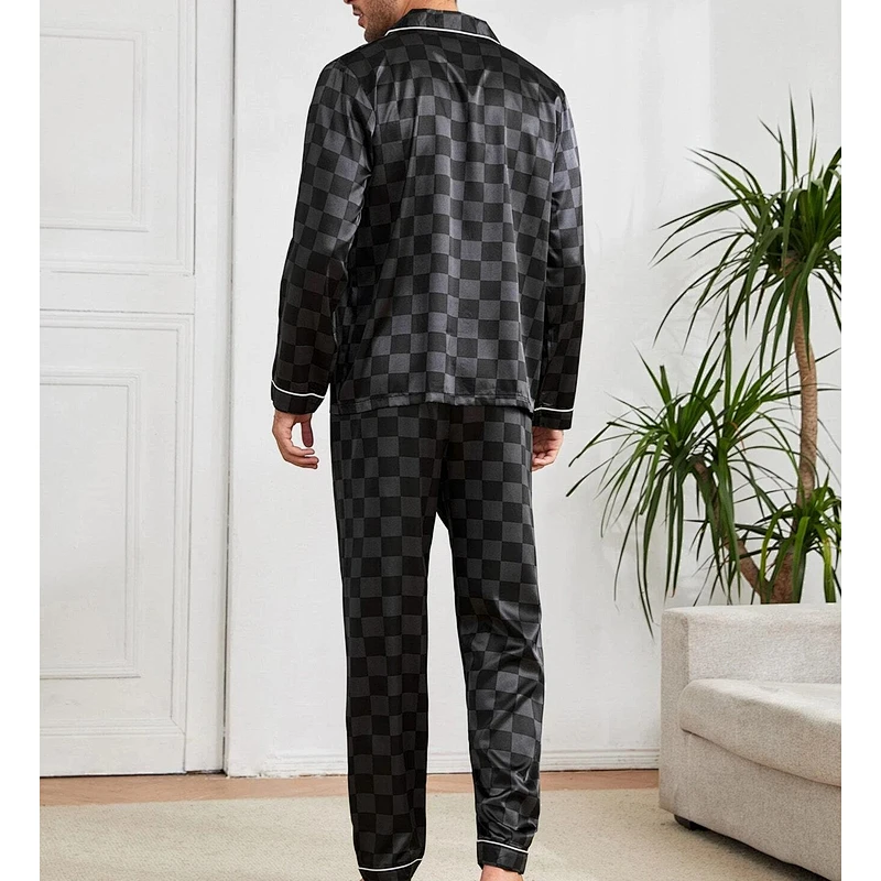 Long Pajama Sets Men Satin Pajamas Checker Print Nightwear Pajamas Men