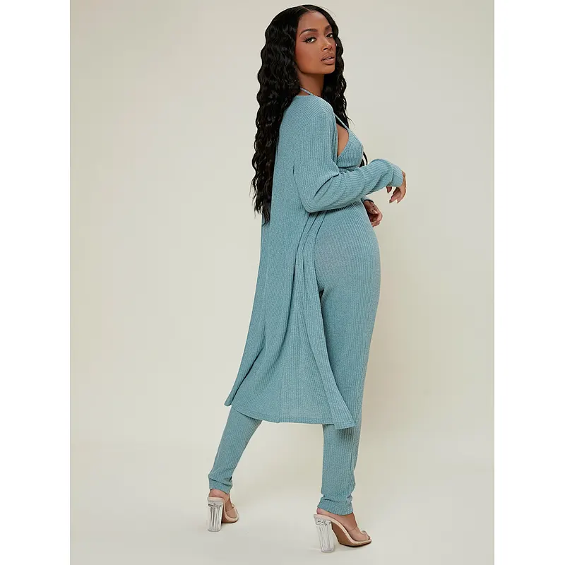 Long Sleeve Casual Lounge Wear 3pcs Solid Rib-knit Women Loungewear Sets