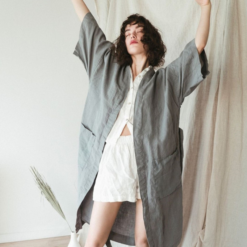 New Latest Belt Solid Cotton Femme Robe Knitted Longue Cotton Designer Pocket Linen Women Bath Robes
