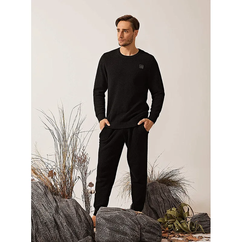 Mens Plush Fleece Sleepwear Warm Cozy Long Sleeve Top Bottom Nightwear Big and Tall Pajama Set