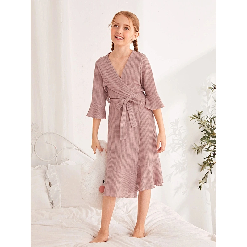 Waffle Knit Ruffle Children Sleepwear Robe Waffle Cotton Kids Girls Bath Robes