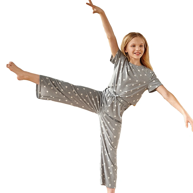 Wholesale girl printed Cute lounge wear children knitted bamboo sleepwear 2 pieces cotton kids pajama set