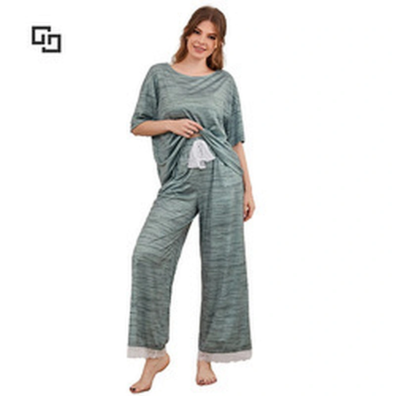 Short Sleeve Drop Shoulder Bamboo Viscose Sleepwear Set Tee & Lace Trim Pants Women Pajamas