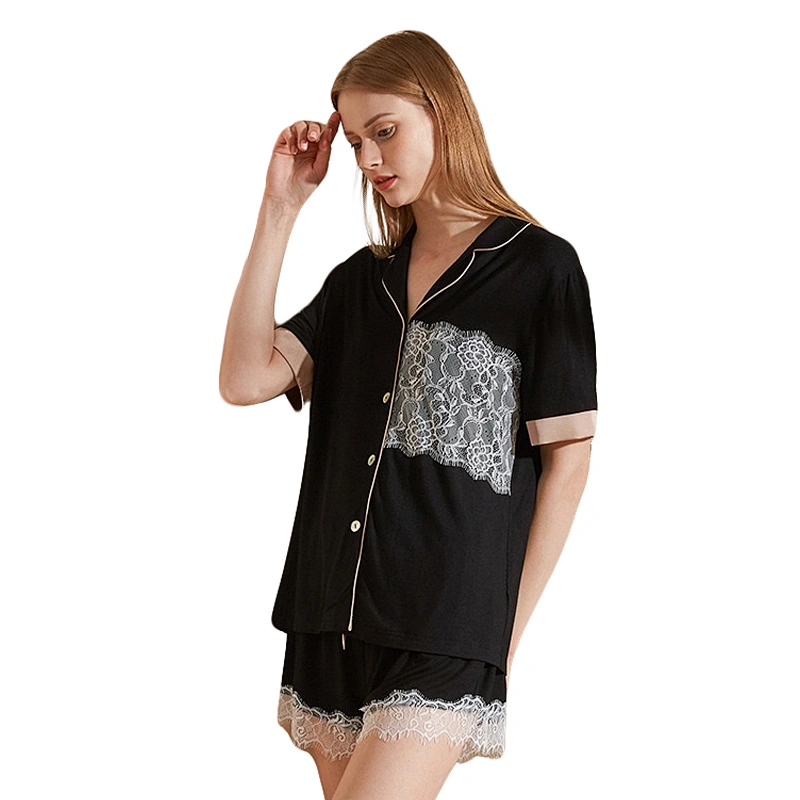 Wholesale Solid Lace Embroidery Pyjamas Sleepwear Short Classic Pajama Set Cotton Pijamas