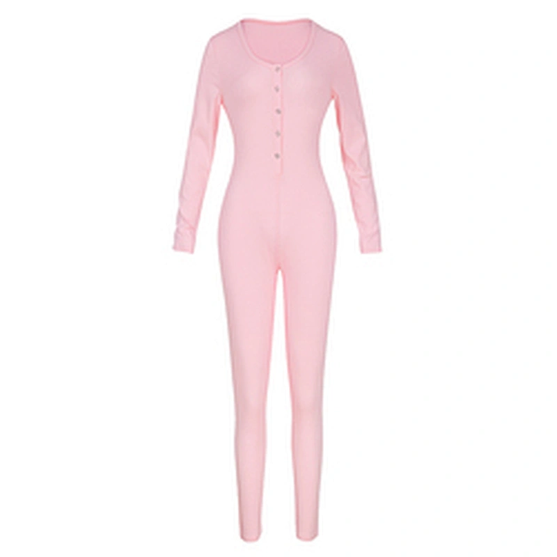 Custom Cozy Knit Adult Onesie Pajamas Solid Button Front Long Sleeve Jumpsuit for Women