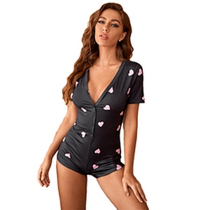 Custom Valentine Pajamas Women Button Front Romper Heart Print Valentine's Day Onesie