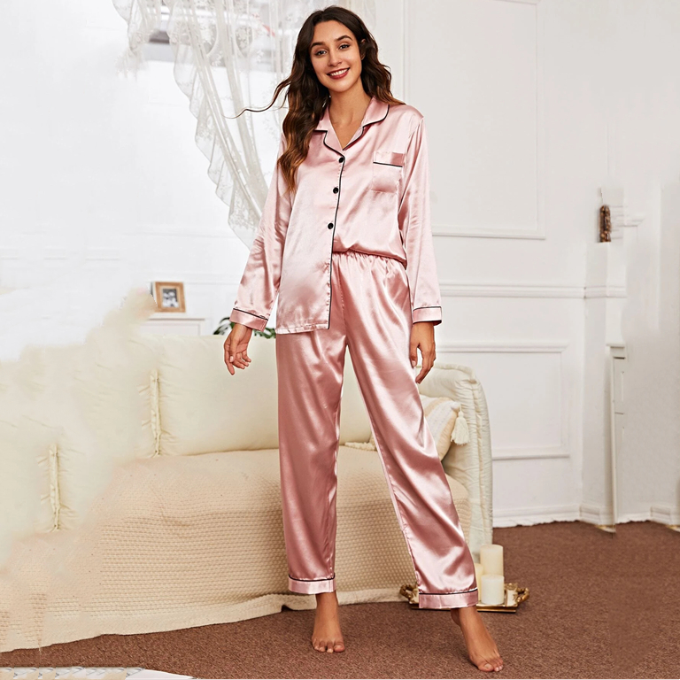Long Sleeve Shirt and Pants Luxury Silk Pajamas Set Custom Contrast Binding Satin Pajamas